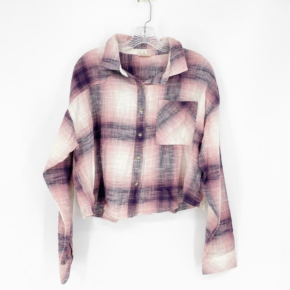 a.n.a Long Sleeve Plaid Button-Up Top Size Large